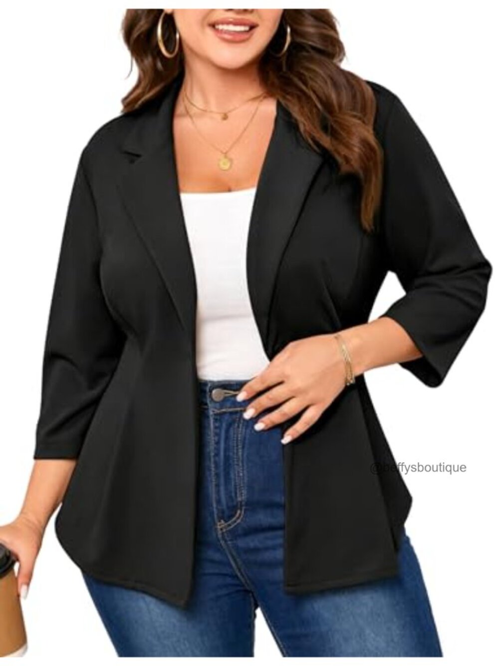 Plus Size Blazer Notched Lapel One-Button 3/4 Sleeve Tailored Office Jacket